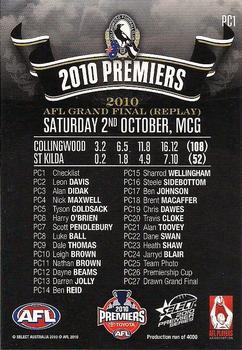 2010 Select 2010 Premiers - Collingwood #PC01 Header Card Back